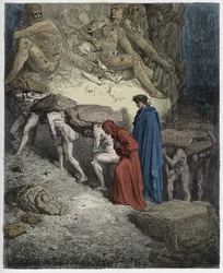 Purgatorio, 11. Gesang: Die Seelen der Hochmütigen, die schwere Steine tragen, Illustration aus der Göttlichen Komödie von Dante Alighieri, 1885